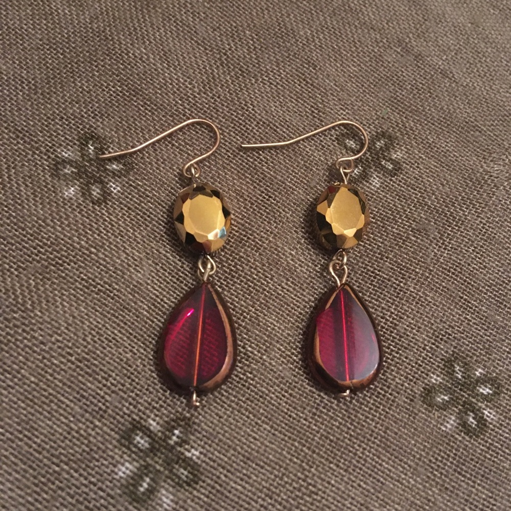 Vintage Burgundy Red and Gold Dangle Hook Earrings